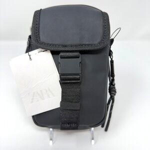 Zara Rubberized Crossbody Bag Black Buckle Pocket Adjustable Strap
